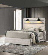1pc Rustic Style Butcher Block Finish Weathered Cream White Finish Queen Size Bed w/ Lamp Wooden Bedroom Furniture