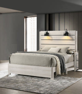1pc Rustic Style Butcher Block Finish Weathered Cream White Finish Queen Size Bed w/ Lamp Wooden Bedroom Furniture