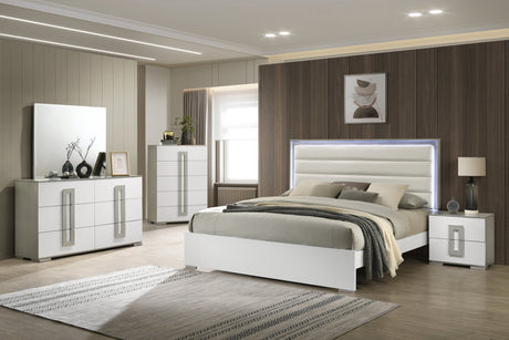 Olivia Contemporary Style 5 Pc Full Bedroom Set with LED Headboard Made with Wood in White