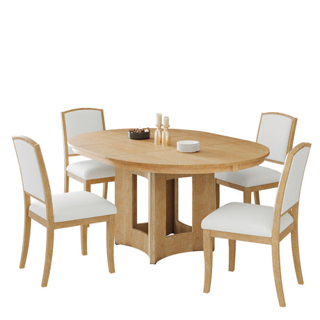 TOPMAX Farmhouse Extendable Round Dining Table Set for 4, 5-Piece Kitchen Table Set with 4 Upholstered Chairs and 16inch Removable Leaf for Small Places, Natural+Beige - sold by Home Elegance USA