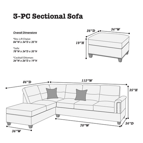 New Contemporary 3-PCS Reversible Sectional Set Living Room Furniture Espresso Faux Leather Couch Sofa Chaise Ottoman - sold by Home Elegance USA