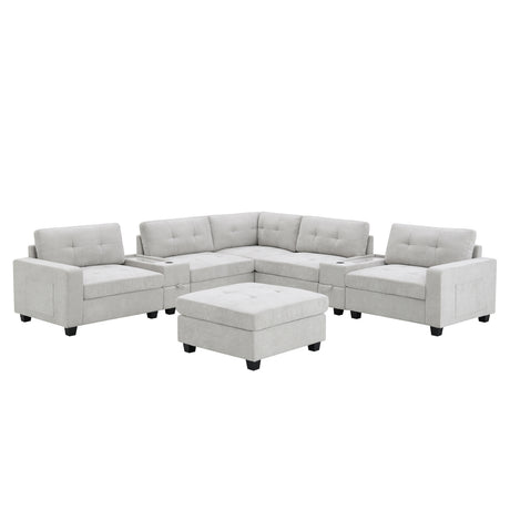 Chenille U Shaped Sectional Sofa with Acrylic Table Top, USB Charger, Storage Drawers, Pockets and Movable Ottoman - sold by Home Elegance USA