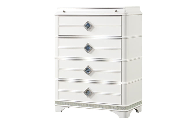 Laguna Modern Style 4-Drawer Chest Made with Wood, Hidden Jewelry Drawer and Crystal Accents in White  same asG150108979  ( NJ inventory)