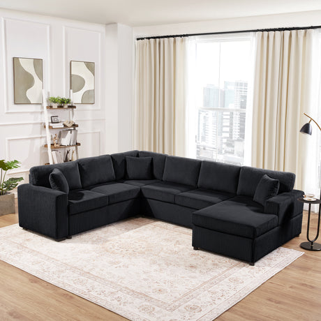 Oversized Sectional Sofa 115.3' U-Shaped Sofa with Chaise Lounge and Three Soft Throw Pillows, Black Corduroy Fabric - sold by Home Elegance USA