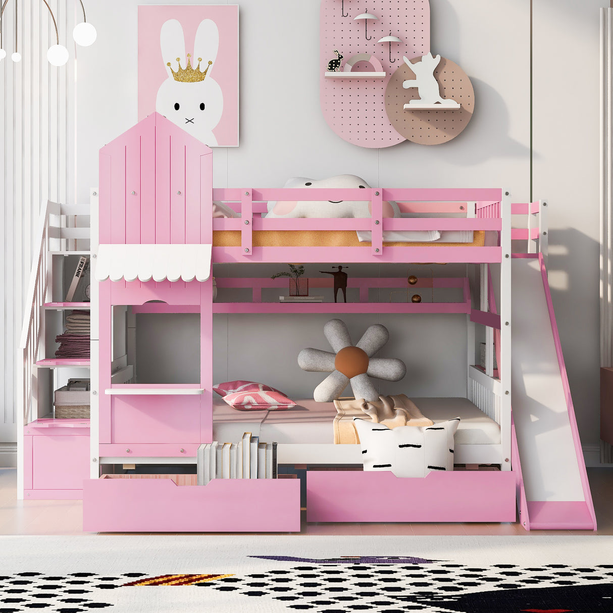 Full-Over-Full Castle Style Bunk Bed with 2 Drawers 3 Shelves and Slide - Pink - Home Elegance USA