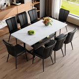 Table and chair set.71*35.4 inch White Grain Spliced Dining Table With Storage Function In The Middle Of The Legs.Paired with 8 Black PU chairs with a vertical stripe design on the backrest.