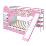 Full-Over-Full Castle Style Bunk Bed with 2 Drawers 3 Shelves and Slide - Pink - Home Elegance USA