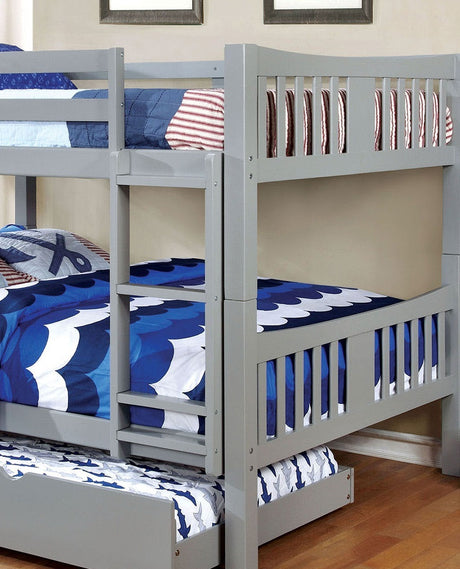 Full Over Full Bunk Bed Gray Finish Transitional Style Attached Ladder Upper Bed Rails Lock Joint Structure And Trundle-Not Included - sold by Home Elegance USA