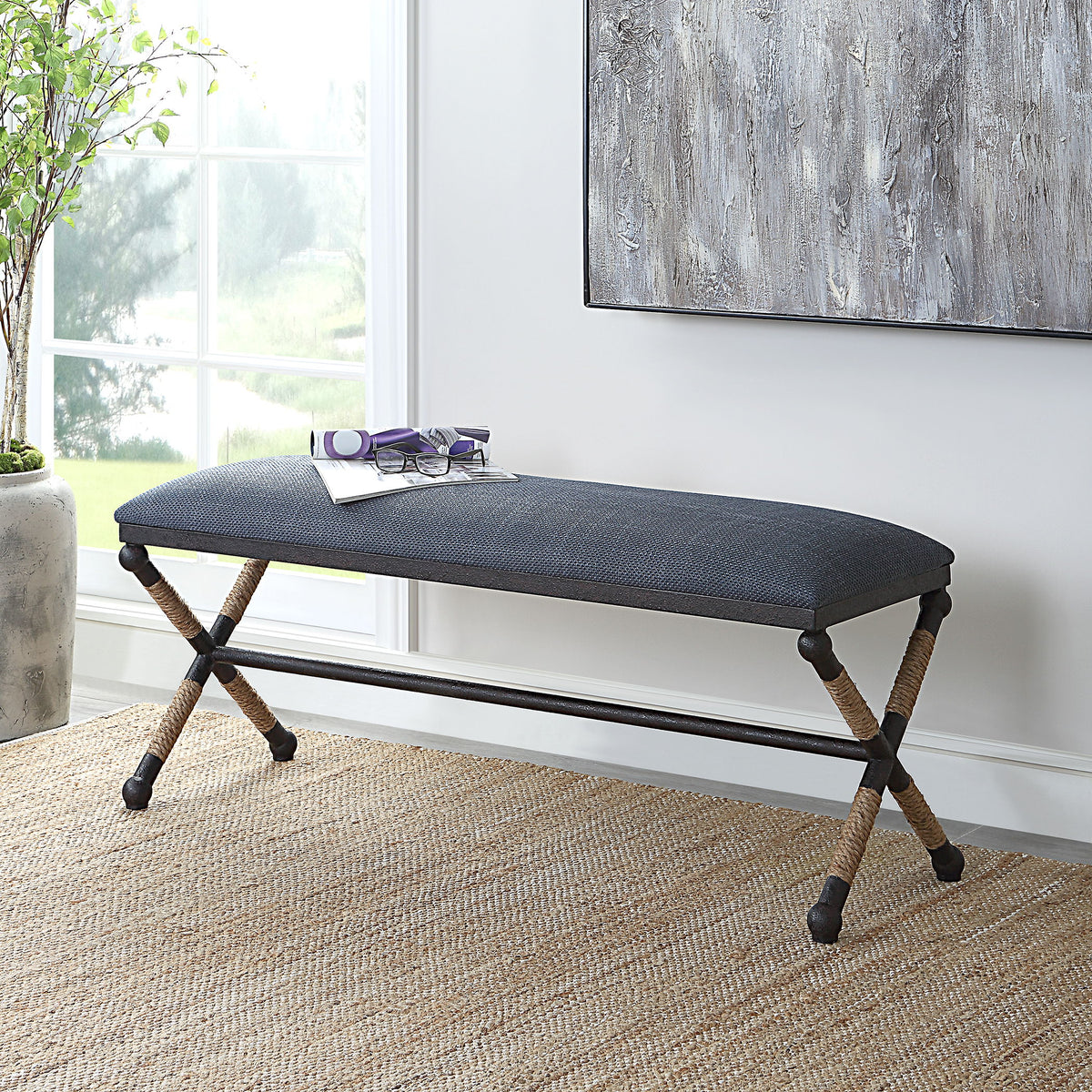Firth Rustic Bench Navy - Blue / Light Brown by Uttermost - View 2