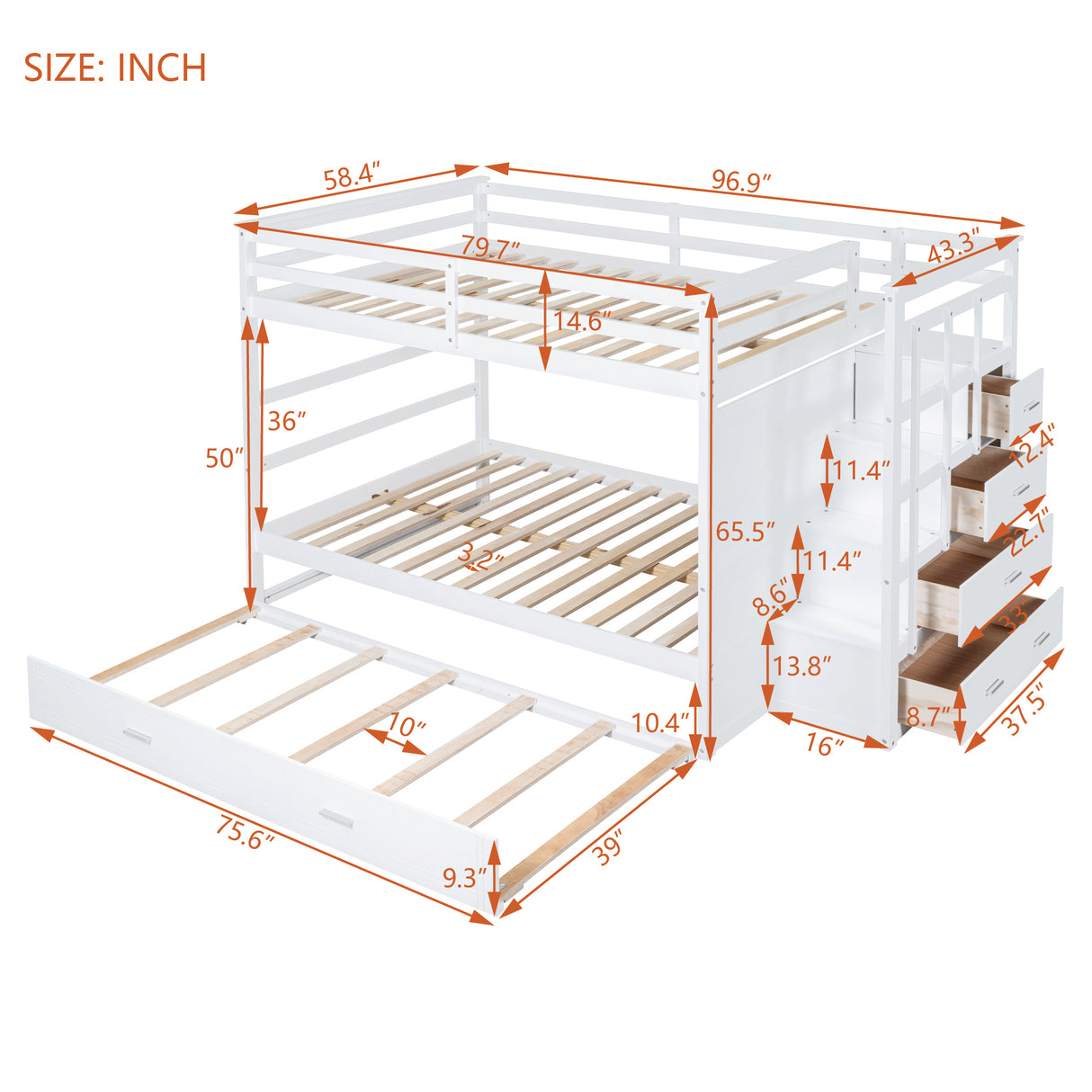 Full Over Full Bunk Bed with Twin Size Trundle and Staircase, White - Home Elegance USA