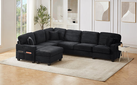 Upholstered U-shaped Sectional Sofa with Movable Ottoman and Side Storage Pockets in Black Corduroy, 125.2 inches - sold by Home Elegance USA