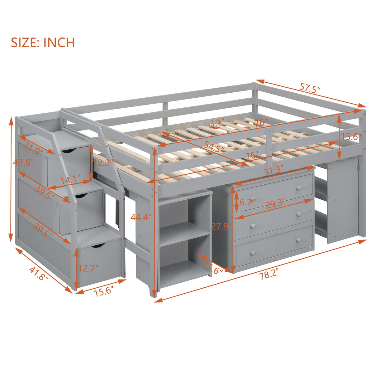 Full Size Loft Bed with Retractable Writing Desk and 3 Drawers, Wooden Loft Bed with Storage Stairs and Shelves, Gray - Home Elegance USA