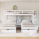 Twin over Twin&Twin Bunk Bed, Triple Bunk Bed with Drawers, Staircase with Storage, Built-in Shelves, White - sold by Home Elegance USA
