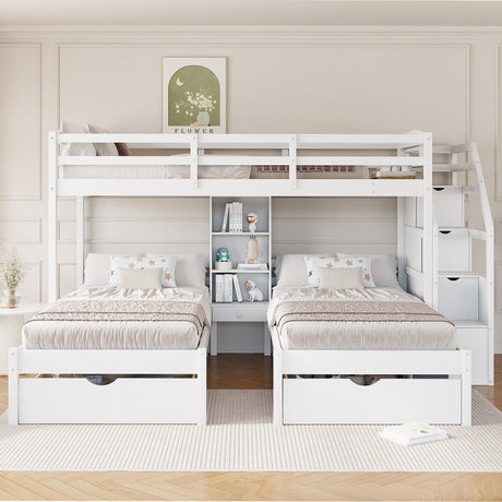 Twin over Twin&Twin Bunk Bed, Triple Bunk Bed with Drawers, Staircase with Storage, Built-in Shelves, White - sold by Home Elegance USA