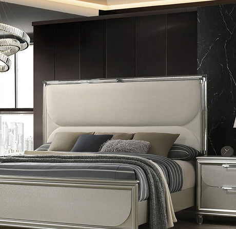 Glamorous Luxury Silver Fabric Upholstered Queen Size Bed w LED 2x Nightstands Embossed Panel 3pc Set Bedroom Furniture - sold by Home Elegance USA