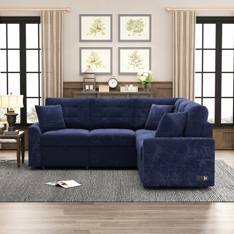 Navy Blue L-shape Sofa Bed with Pull-out Sleeper, USB Ports, Power Sockets, Corded Velveteen, 82.6' - sold by Home Elegance USA