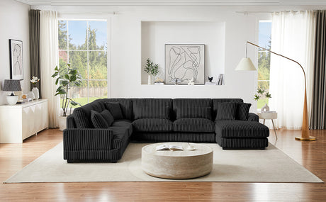 Modern Oversized U-shaped Sectional Sofa with Chaise Lounge Upholstered in Soft Black Corduroy - sold by Home Elegance USA