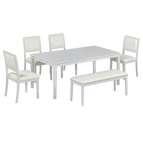 TREXM Vintage Extendable Dining Table Set for 6 with 4 Chairs & Bench, 59 to 72-Inch Rustic Farmhouse Kitchen Table Set with Distressed Finish and Retro Carved Legs (Washed White) - sold by Home Elegance USA