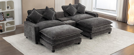 Modern Chenille Upholstered Sectional Sofa with Ottomans, USB Ports, Cup Holders, and Storage in Grey - sold by Home Elegance USA