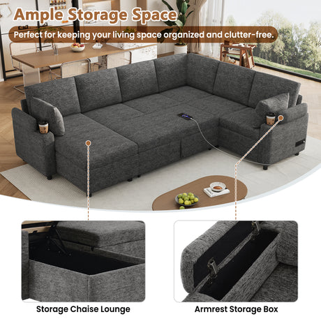 Versatile U-Shaped Sectional Sofa Bed with Storage, Cup Holders, Charging Ports in Grey Chenille - sold by Home Elegance USA