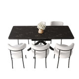 Modern Extendable Dining Table Set with Curved Backrest Upholstered Chairs for 6-8 Persons in Black and White MDF and Metal