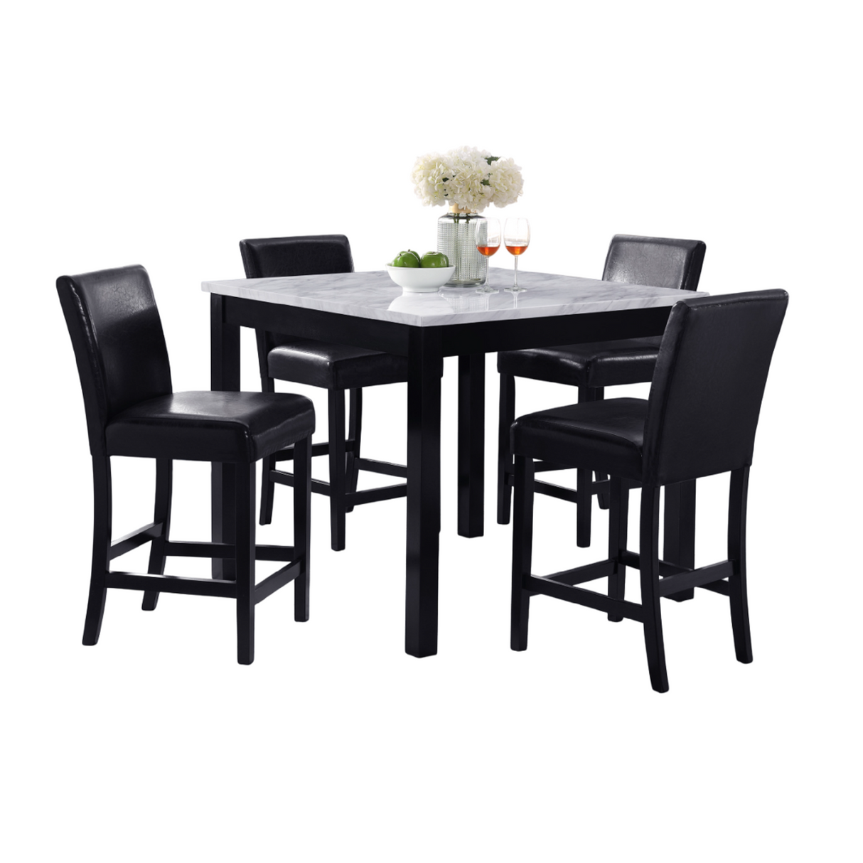 Contemporary 5pc Counter Height Dining Set with Square White Faux Marble Table and Black Faux Leather Upholstered Chairs
