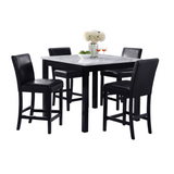 Contemporary 5pc Counter Height Dining Set with Square White Faux Marble Table and Black Faux Leather Upholstered Chairs