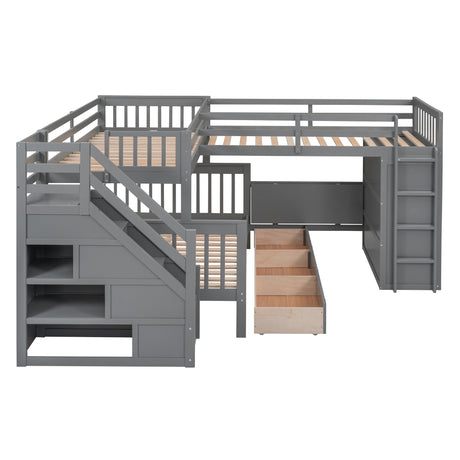 Twin-Twin over Full L-Shaped Bunk Bed With 3 Drawers, Portable Desk and Wardrobe, Gray(OLD SKU:LT100542AAE) - sold by Home Elegance USA
