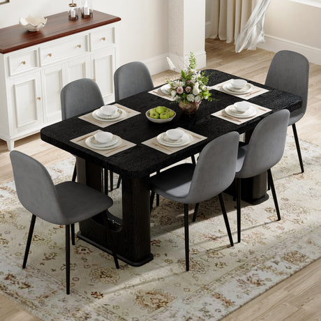 Table and chair set.64.5 x 35.4 Inch Stylish Black Wood Color Textured Dining Table.Paired with 6 Dark Gray Linen-Cotton Material High Resilience Dining Chair with Metal Leg. - sold by Home Elegance USA