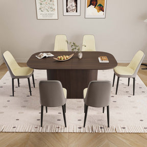 63 'medieval modern brown style MDF dining table and PU dining chair set 6. Assemble Desktop and black metal leg dining chair set, suitable for home&kitchen - sold by Home Elegance USA