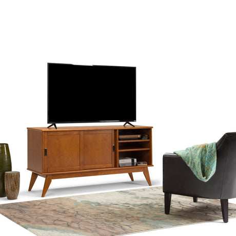 Draper 60 inch Wide Solid Wood Mid Century Medium TV Stand in Teak Brown For TVs up to 65 inches - sold by Home Elegance USA