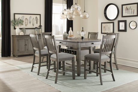 Antique Gray Dining Furniture Counter Height Table w Drawers Wine Rack Shelf and 4x Counter Height Chairs 5pc Dining Set Classic Style - sold by Home Elegance USA