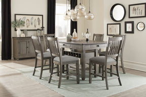 Antique Gray Dining Furniture Counter Height Table w Drawers Wine Rack Shelf and 6x Counter Height Chairs 7pc Set Dining Set Classic Style - sold by Home Elegance USA