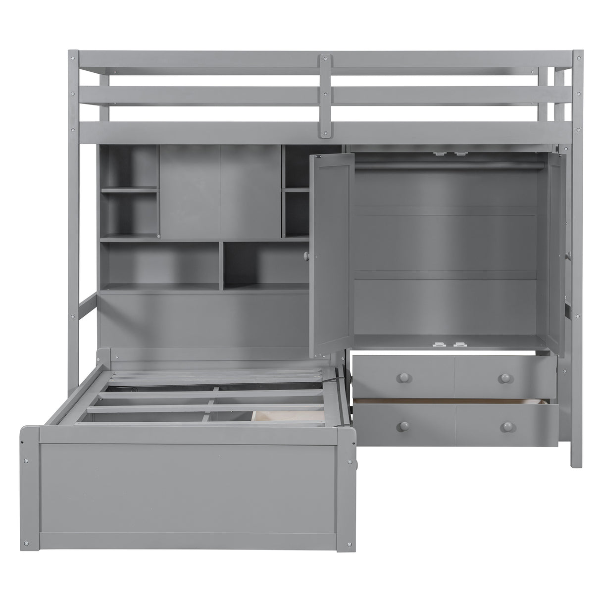 Twin Bunk Bed with Drawers, Wardrobe, Storage Shelves and Hydraulic Bed,Gray - sold by Home Elegance USA