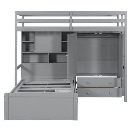 Twin Bunk Bed with Drawers, Wardrobe, Storage Shelves and Hydraulic Bed,Gray - sold by Home Elegance USA