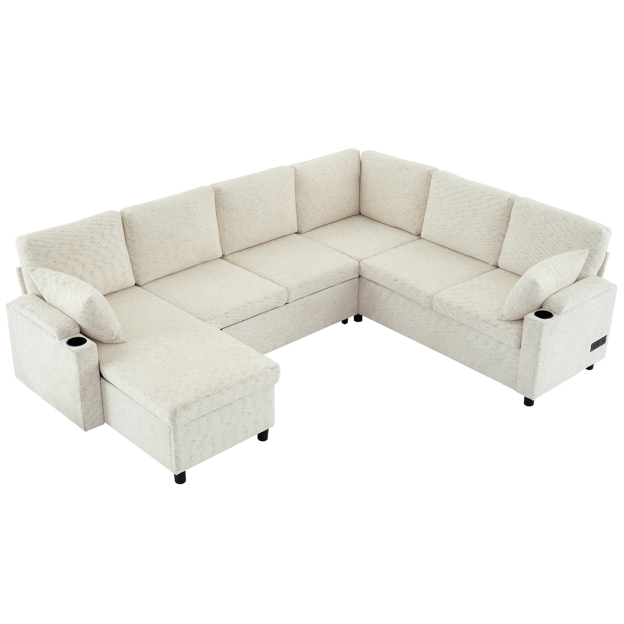 Convertible U-Shaped Sofa Bed with Storage, Cup Holders and Charging Ports, Beige Chenille, 109.9'