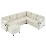 Convertible U-Shaped Sofa Bed with Storage, Cup Holders and Charging Ports, Beige Chenille, 109.9'
