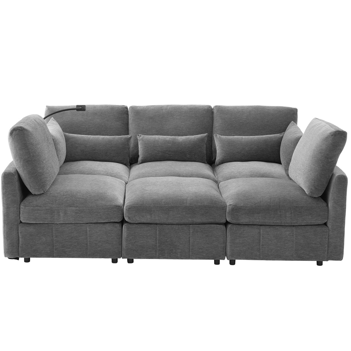 Modern Sectional Sofa Modular Sofa with Movable Ottoman, USB Ports & Phone Holder, Grey Chenille, 85.4'