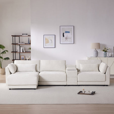 124'' L-Shaped Sectional Sofa with Multi-Functional Storage Console, Wired&Wireless Charger, Movable Ottoman, Wider&Thicker Cushion, Free Combination for Living Room&Apartment, Chenille - sold by Home Elegance USA