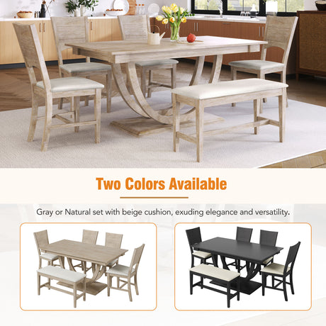TOPMAX Modern Style Natural Wood 6-Piece Dining Table Set with Bench and Chairs, Upholstered Seats, Rubberwood Frame - sold by Home Elegance USA