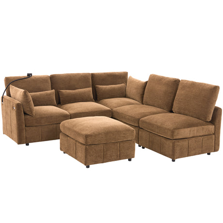 Modern Sectional Sofa Modular Sofa 85.4' U-shaped Sofa Couch with Movable Ottoman, USB Ports, Phone Holder, Brown Chenille - sold by Home Elegance USA