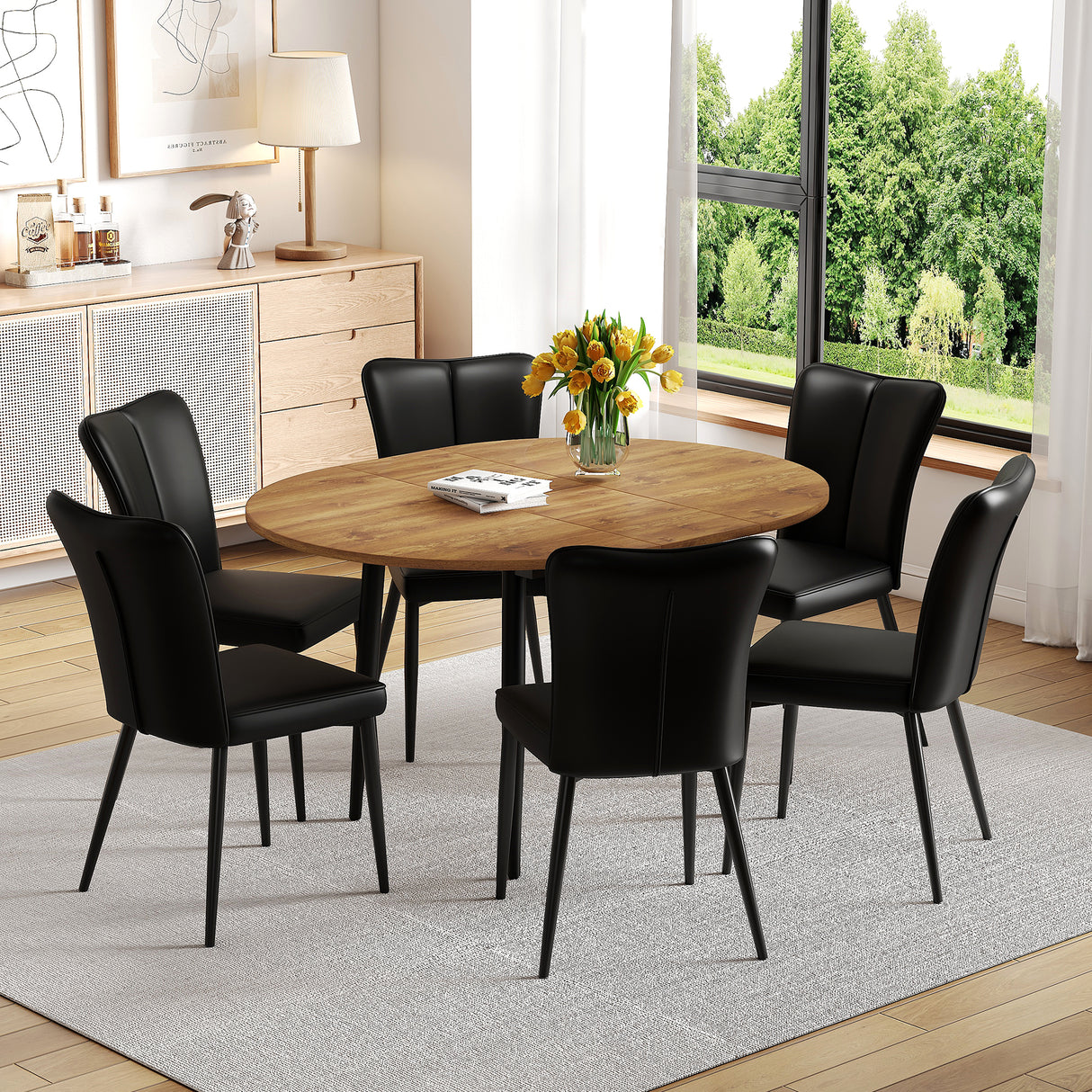 Juego de mesa y sillas. Mesa de comedor moderna extensible de madera MDF. Adecuada para reuniones de diferentes tamaños. Combina con 6 sillas de PU negras con un diseño de rayas verticales en el respaldo y patas de metal negro.