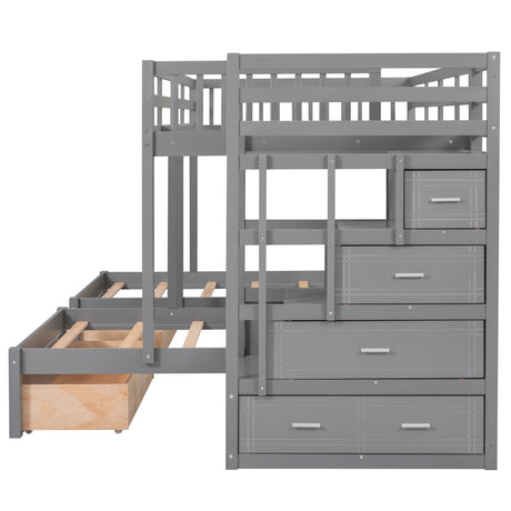 Full Over Twin & Twin Bunk Bed, Wood Triple Bunk Bed with Drawers and Guardrails (Gray) - sold by Home Elegance USA