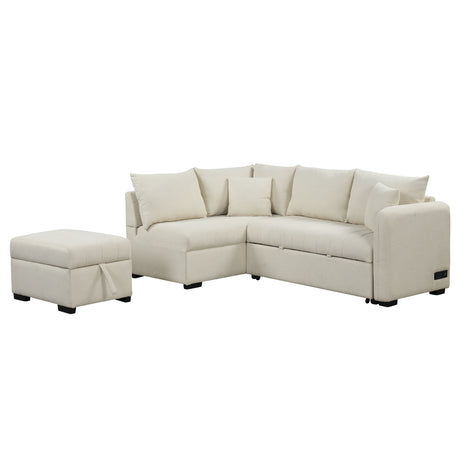 Modern L-shaped Sectional Pull Out Sofa Bed with USB Ports and Storage Ottoman, Beige, Jacquard Fabric, 82.6' - sold by Home Elegance USA