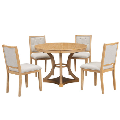 TREXM 5-Piece Retro Functional Dining Table Set Extendable Round Table and 4 Upholstered Chairs for Dining Room and Living Room (Natural) - sold by Home Elegance USA