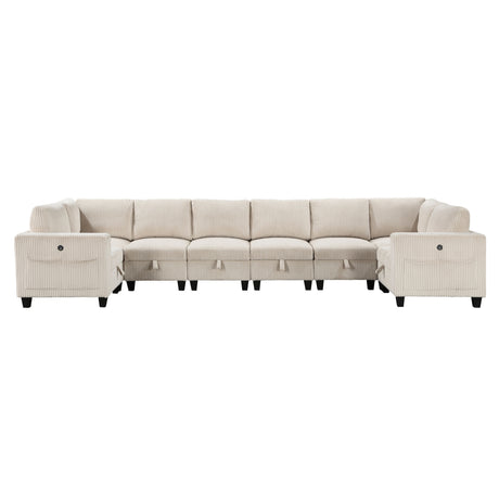 8-Piece Modular Sectional with Storage Seats, Side Pockets, Charging Ports Beige Corduroy Fabric Modern Living Room Sectional Couch Solid Wood Furniture - sold by Home Elegance USA