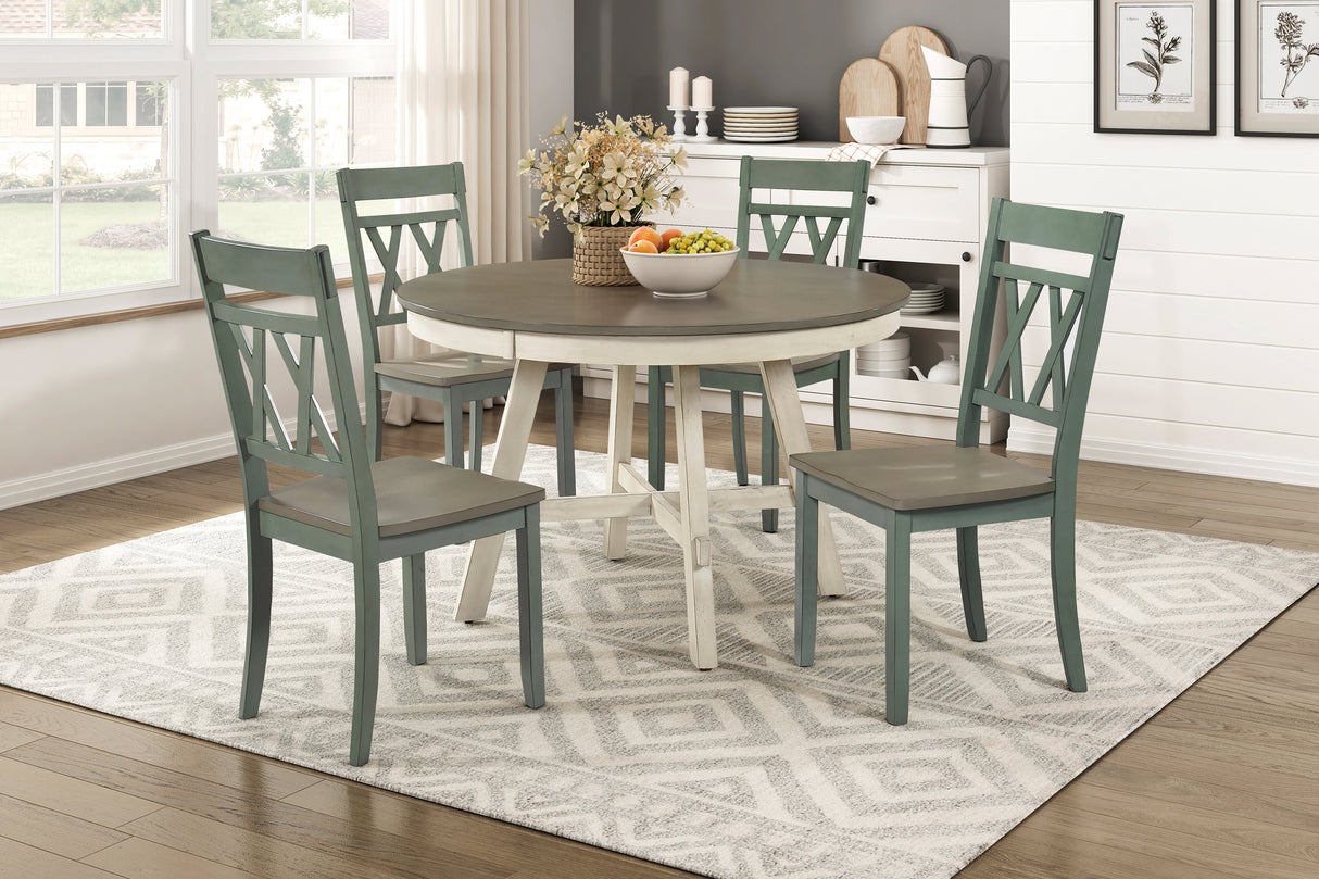 Contemporary Farmhouse Style Round Dining 5Pcs Set Table and 4x Side Chairs Wooden Furniture Antique White Gray Teal Finish