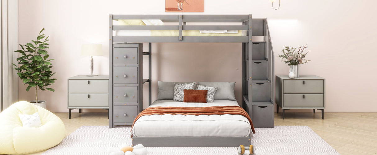 Twin Over Full Bunk Bed with 3-layer Shelves, Drawers and Storage Stairs, Gray - Home Elegance USA