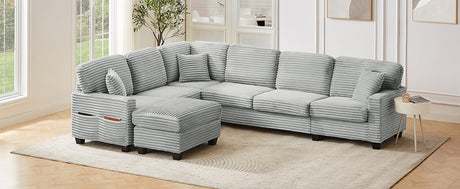 Modern U-shaped Sectional Sofa with Movable Ottoman and Side Storage Pockets, Grey Corduroy, 125.2' - sold by Home Elegance USA