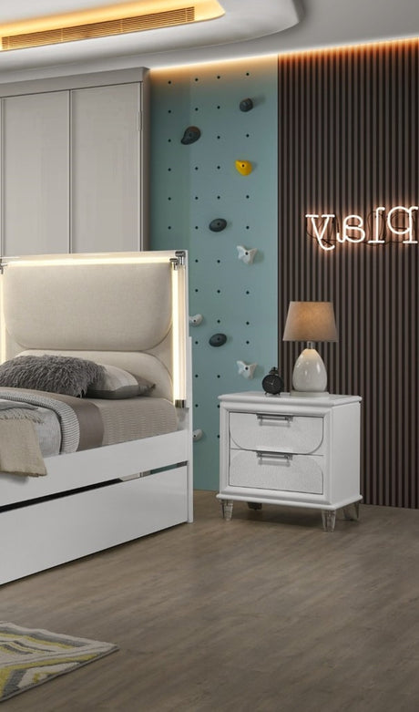 Contemporary Glam Pearl White Twin Size Bed W Trundle 2x Nightstands Embossed Panel 3pc Bedframe Bedroom Furniture - sold by Home Elegance USA